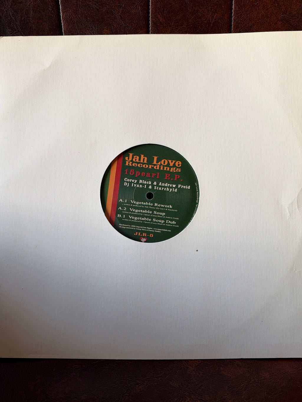 Corey Black & Andrew Freid i6pearl EP – Jah Love Recordings JLR-5 12" vinyl label with reggae-coloured stripe design