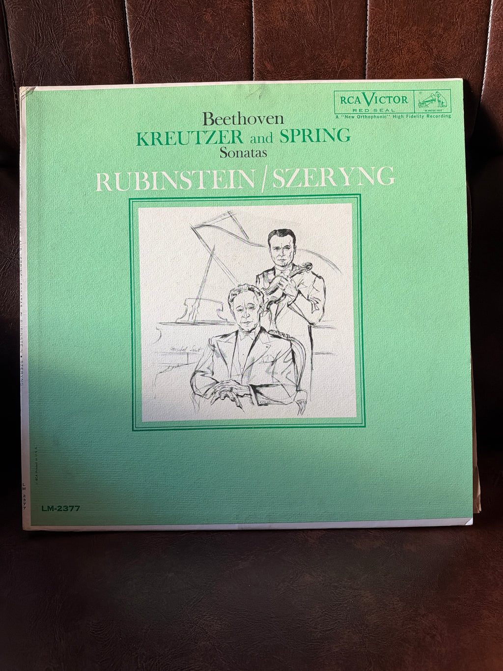 Beethoven Kreutzer and Spring Sonatas – Rubinstein & Szeryng RCA Victor Red Seal vinyl LP LM-2377 with sage green cover and charcoal sketch of artists
