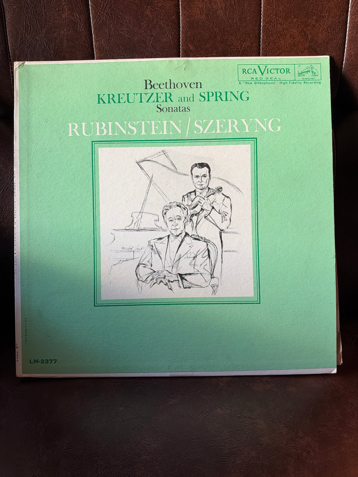 Beethoven Kreutzer and Spring Sonatas – Rubinstein & Szeryng RCA Victor Red Seal vinyl LP LM-2377 with sage green cover and charcoal sketch of artists