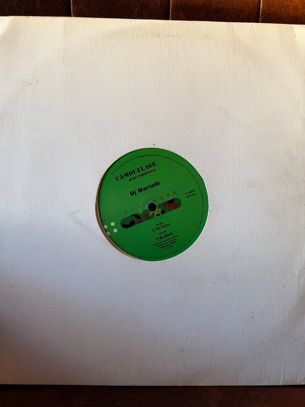 DJ Martelli S.Y.M. Camouflage Recordings 12 inch vinyl 45 RPM, green label, plain white sleeve, tracks The Score and We North