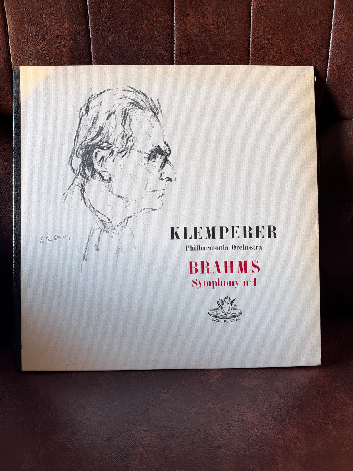 Brahms Symphony No. 1 – Klemperer Philharmonia Orchestra Angel Records vinyl LP cover with charcoal portrait sketch of Otto Klemperer
