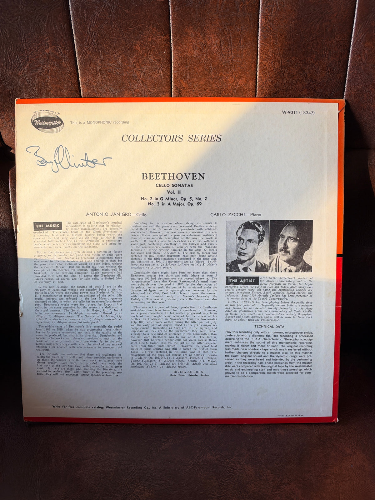 Beethoven: Cello Sonatas Vol. 2 – Janigro / Zecchi (Westminster Collectors Series Vinyl LP)