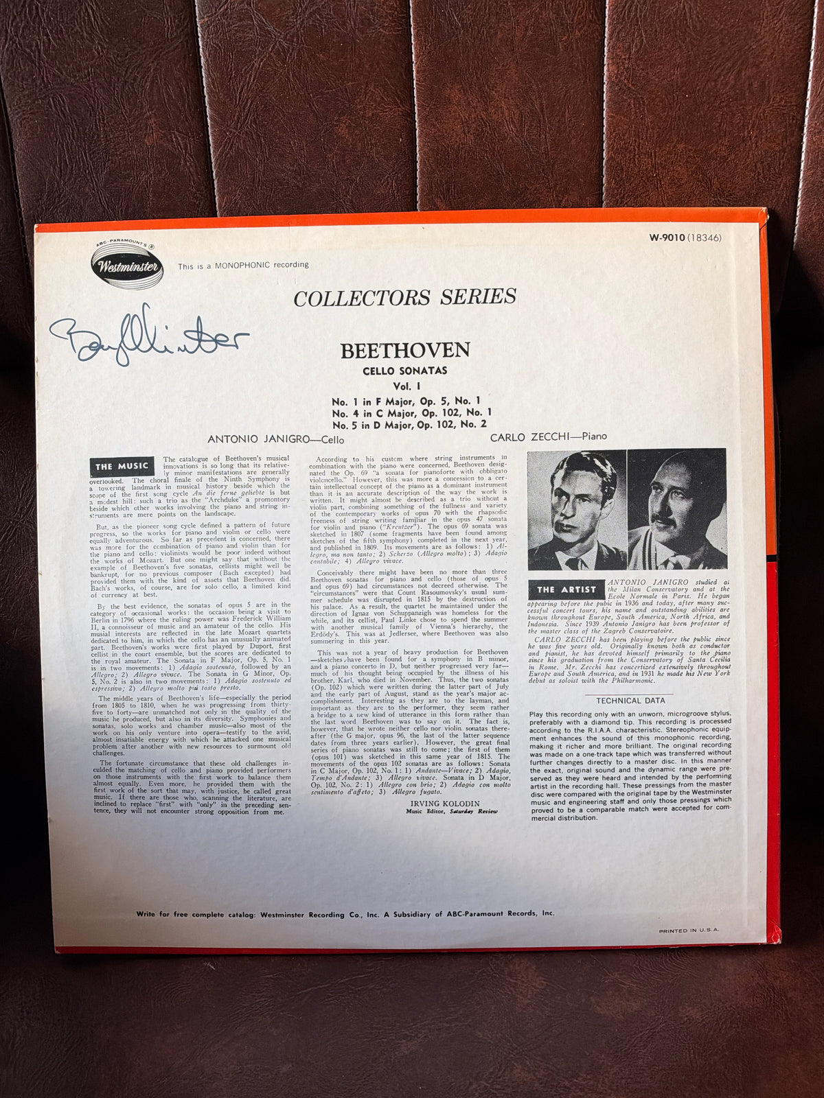 Beethoven: Cello Sonatas Vol. 1 – Janigro / Zecchi (Westminster Collectors Series Vinyl LP)