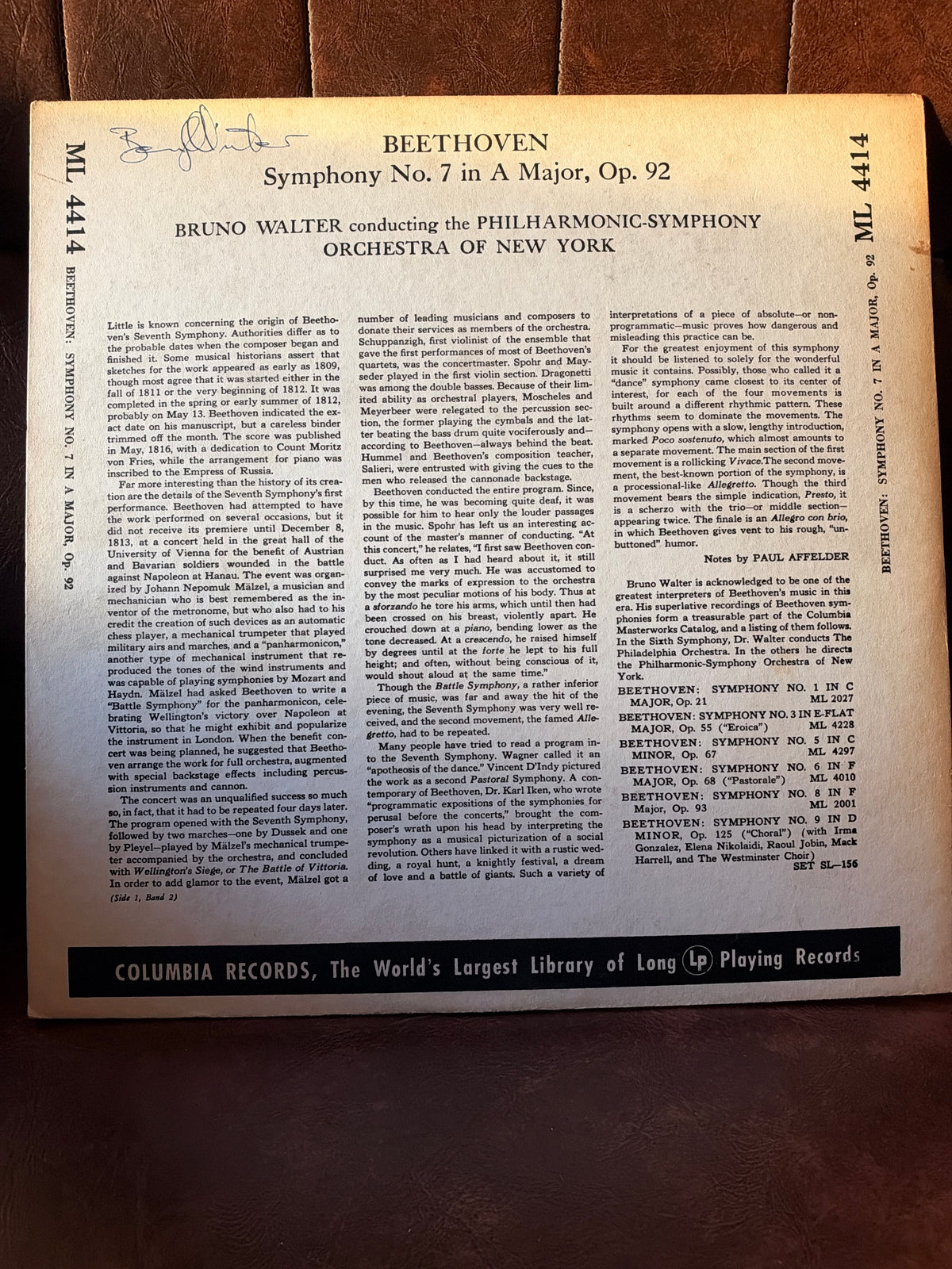 Beethoven: Symphony No. 7 in A Major, Op. 92 – Bruno Walter / Philharmonic-Symphony Orchestra of New York (Columbia Masterworks Vinyl LP)