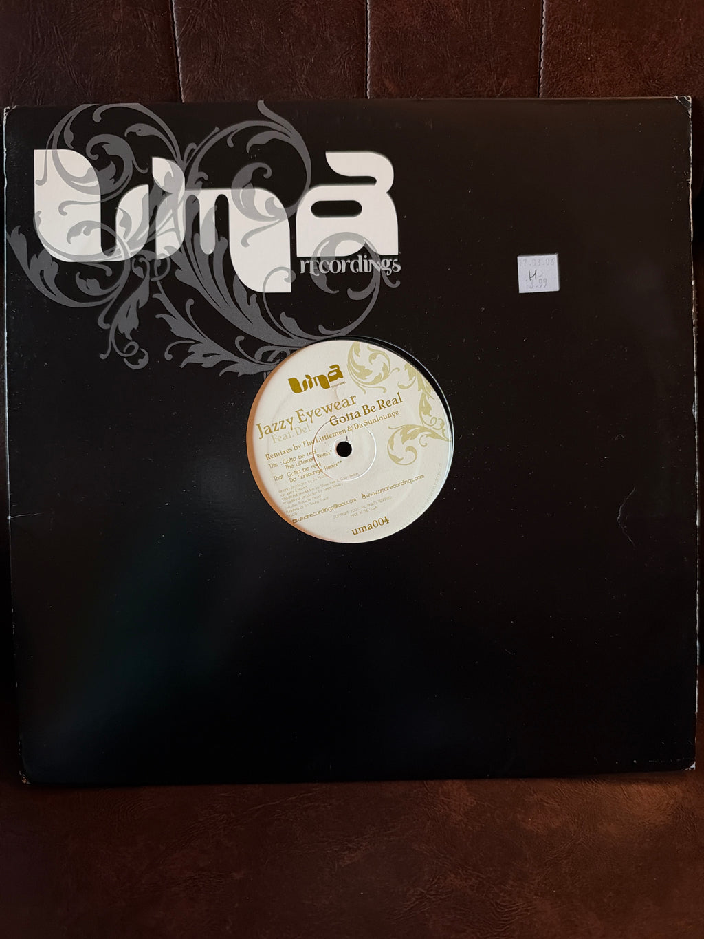 Jazzy Eyewear Gotta Be Real Uma Recordings uma004 12 inch vinyl, black sleeve with ornate Uma Recordings logo and scroll design