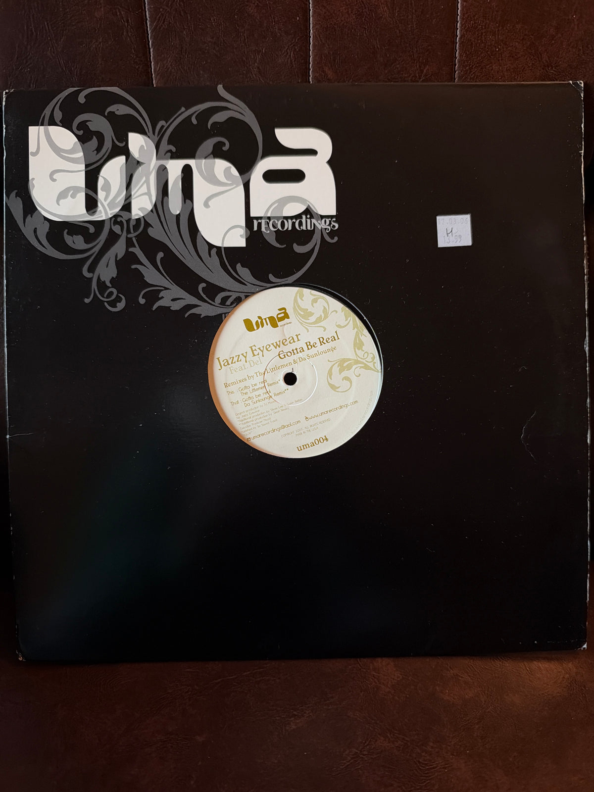 Jazzy Eyewear Gotta Be Real Uma Recordings uma004 12 inch vinyl, black sleeve with ornate Uma Recordings logo and scroll design